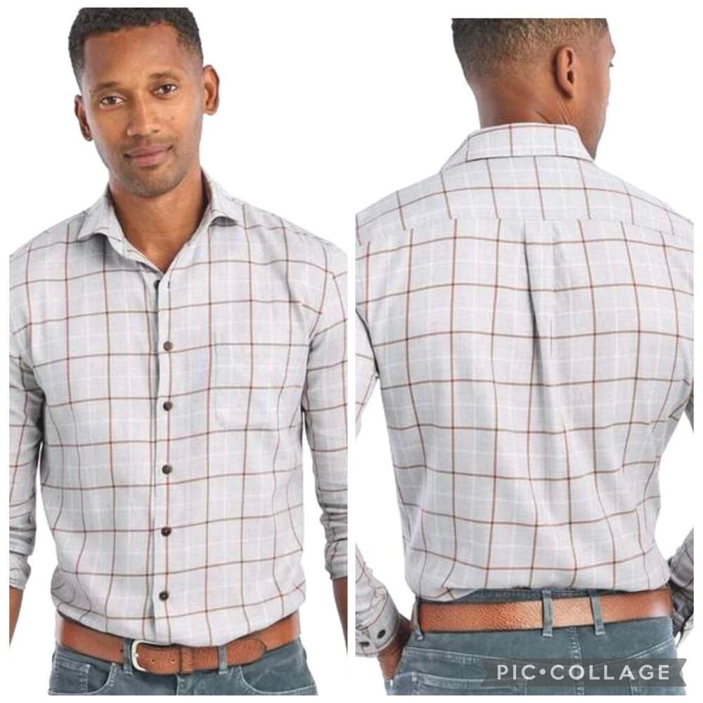Johnnie-O Top Shelf Light Gray Brown Windowpane Plaid Button Up Shirt Men's XXL